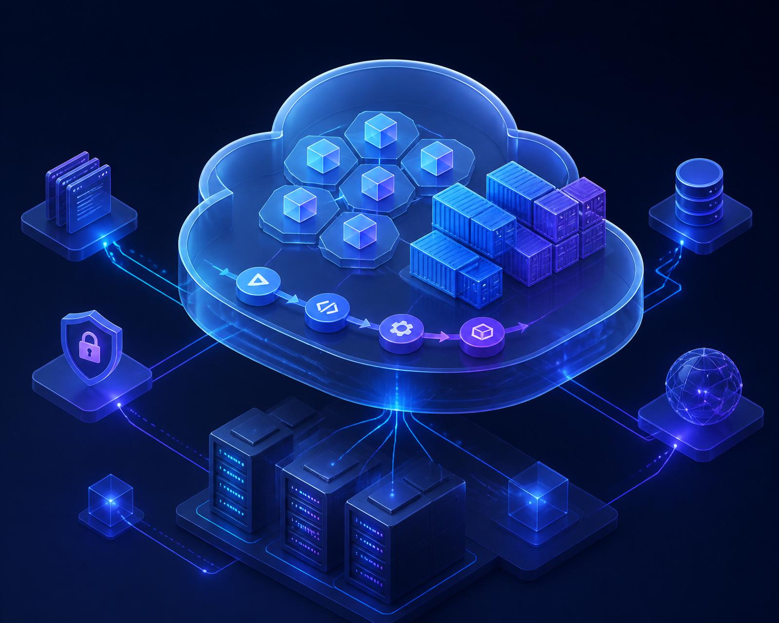 Isometric 3D illustration of cloud infrastructure with Kubernetes clusters, containers, CI/CD pipelines, and secure networking